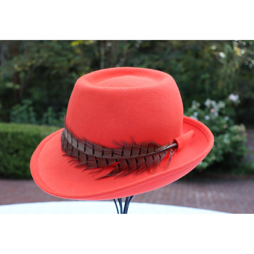 Vintage "Excello" by George W Bollman & Co Felted Wool Hat Orange w/ Feather
